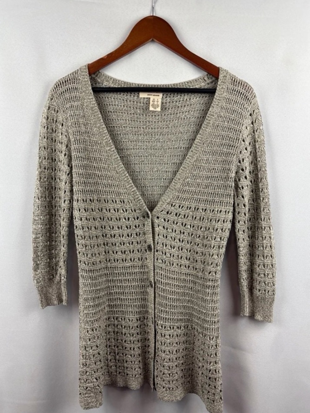 DKNY Jeans open-knit crochet tan cardigan sweater size small